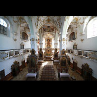 Andechs, Wallfahrtskirche (Klosterkirche), Blick von der Orgelempore in die Kirche