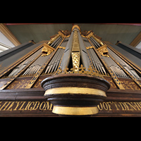 Blick vom Spieltisch der de Swart/von Hagerbeer-Orgel auf den Prospekt Leiden, Hooglandse Kerk, Blick vom Spieltisch der de Swart/von Hagerbeer-Orgel auf den Prospekt